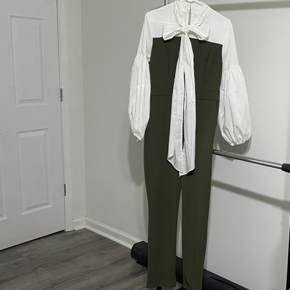 New York & Company White and Olive Jumpsuit